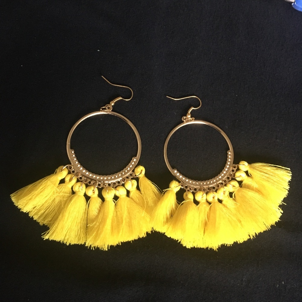 Yellow and Gold Fan Shaped Tasseled Earrings